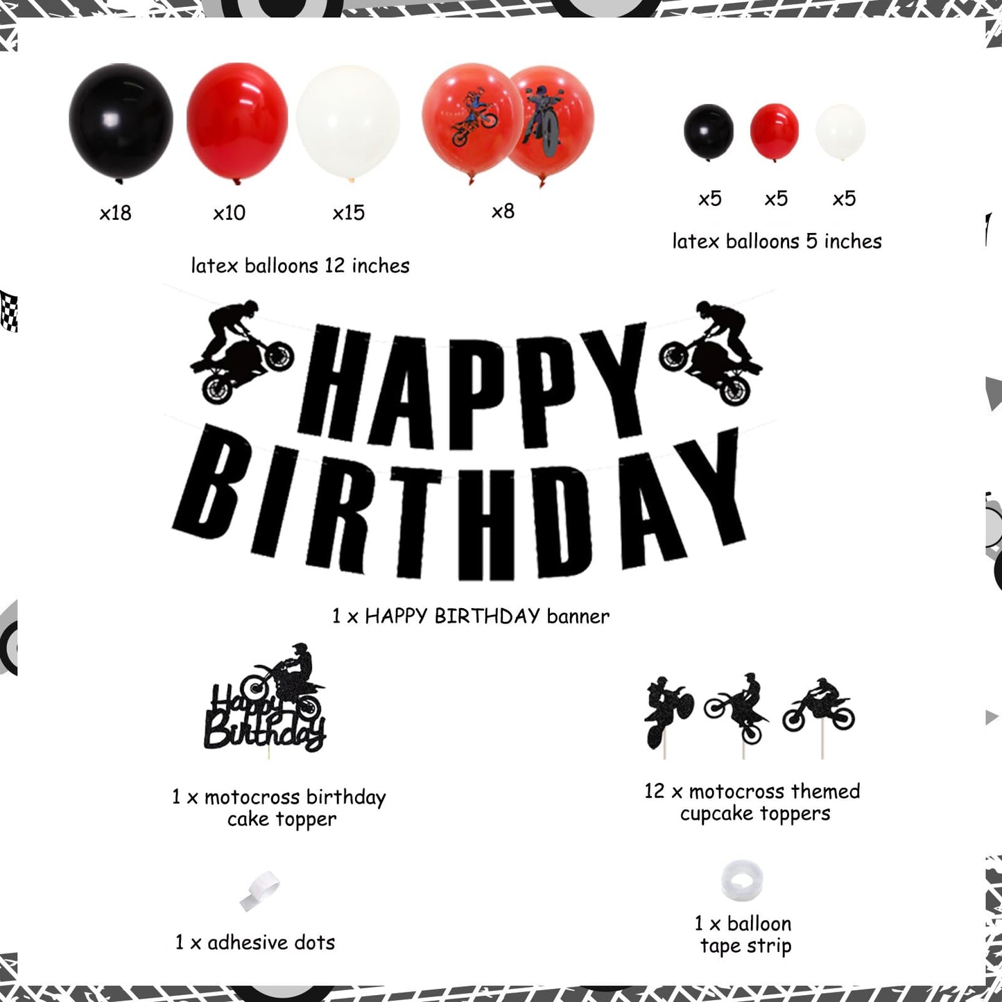 JOYMEMO Dirt Bike Birthday Decorations for Boys - Red Black Balloon Garland Arch Kit with Happy Birthday Banner Cake Topper, Motorcycle Cupcake Toppers for Motocross Theme Party Supplies