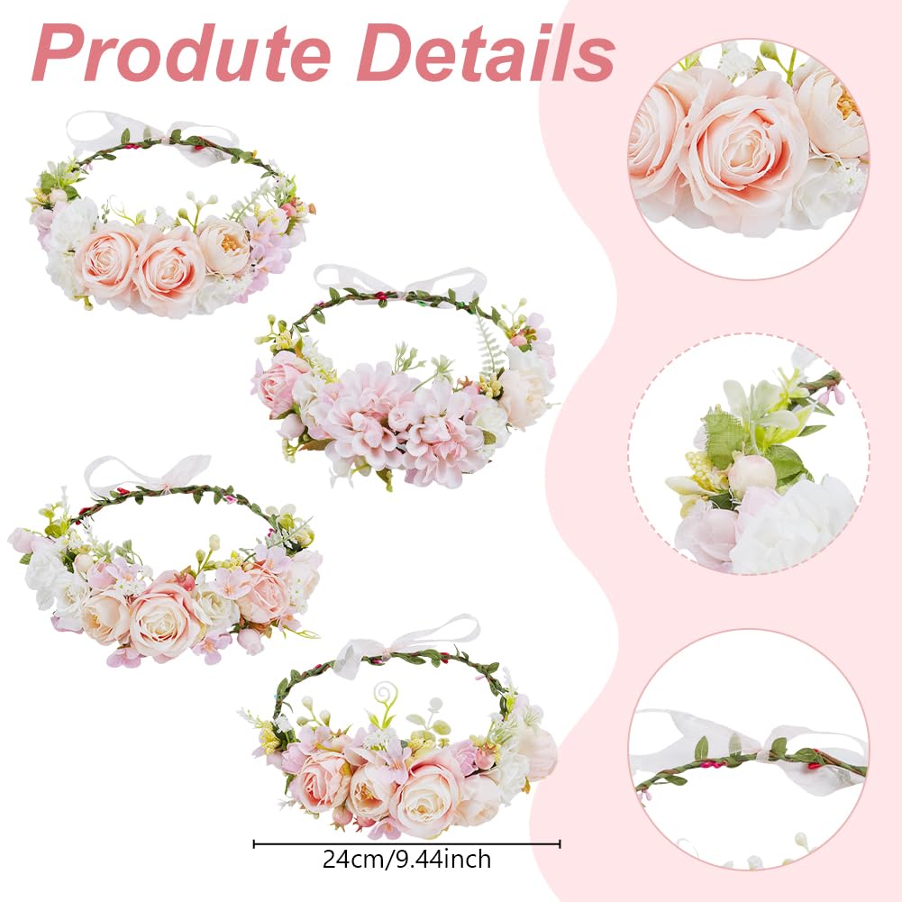 ACRNIGHEET 4 Sets DIY Flower Crown Kit, White and Pink Floral Crown Craft Kit, Make Your Own Flower Crown Headband Handmade, Floral Bridal Headpiece Hair Accessories for Wedding Birthday Party Prop