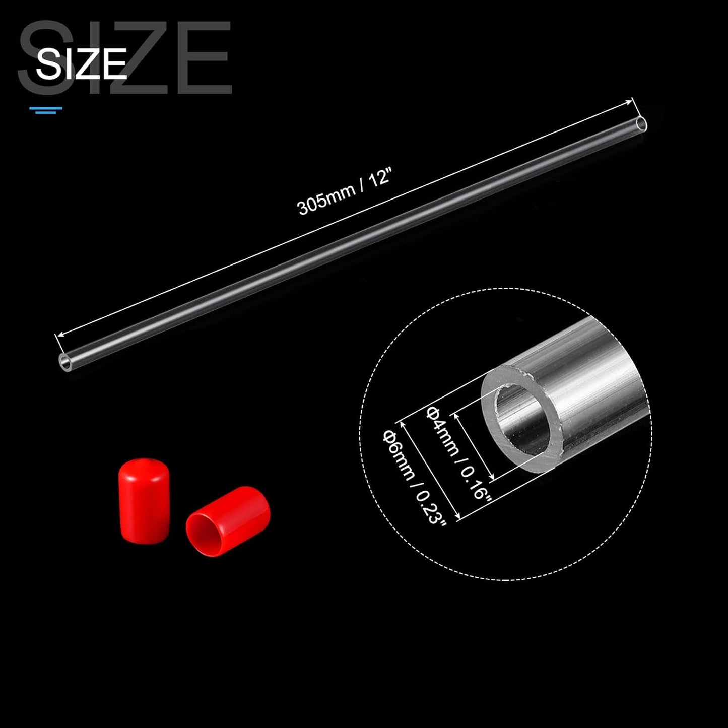 PATIKIL Clear Rigid Tube Round Plastic Tubing with Red Rubber Caps Polycarbonate Water Pipe, 305mm/ 12 Inch Length, 4mmx6mm/0.16"x0.23", 2 Set