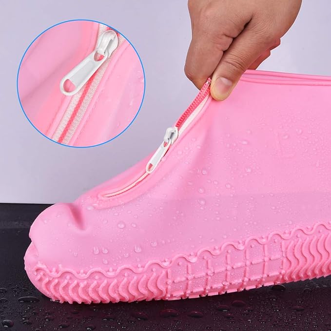 Waterproof Shoe Covers, Silicone Reusable Shoe Cover Non-slip Durable Zipper Elastic Rain Cover Protection for Men Women (M (Women 5-7, Men 5-6), Pink)
