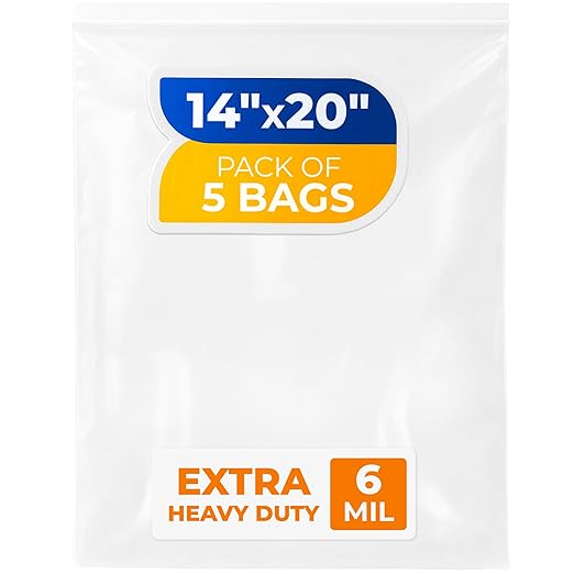 14" x 20" Large Zip Seal Lock Bags, 6 Mil (Pack of 5) – Heavy-Duty Reclosable Plastic Bags – Clear, Resealable, Waterproof – For Storing and Organizing Clothes, Jewelry, and Travel Items