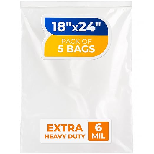 18" x 24" Extra Large Zip Seal Lock Bags, 6 Mil (Pack of 5) – Heavy-Duty Reclosable Plastic Bags – Clear, Resealable, Waterproof – For Storing and Organizing Clothes, Jewelry, and Travel
