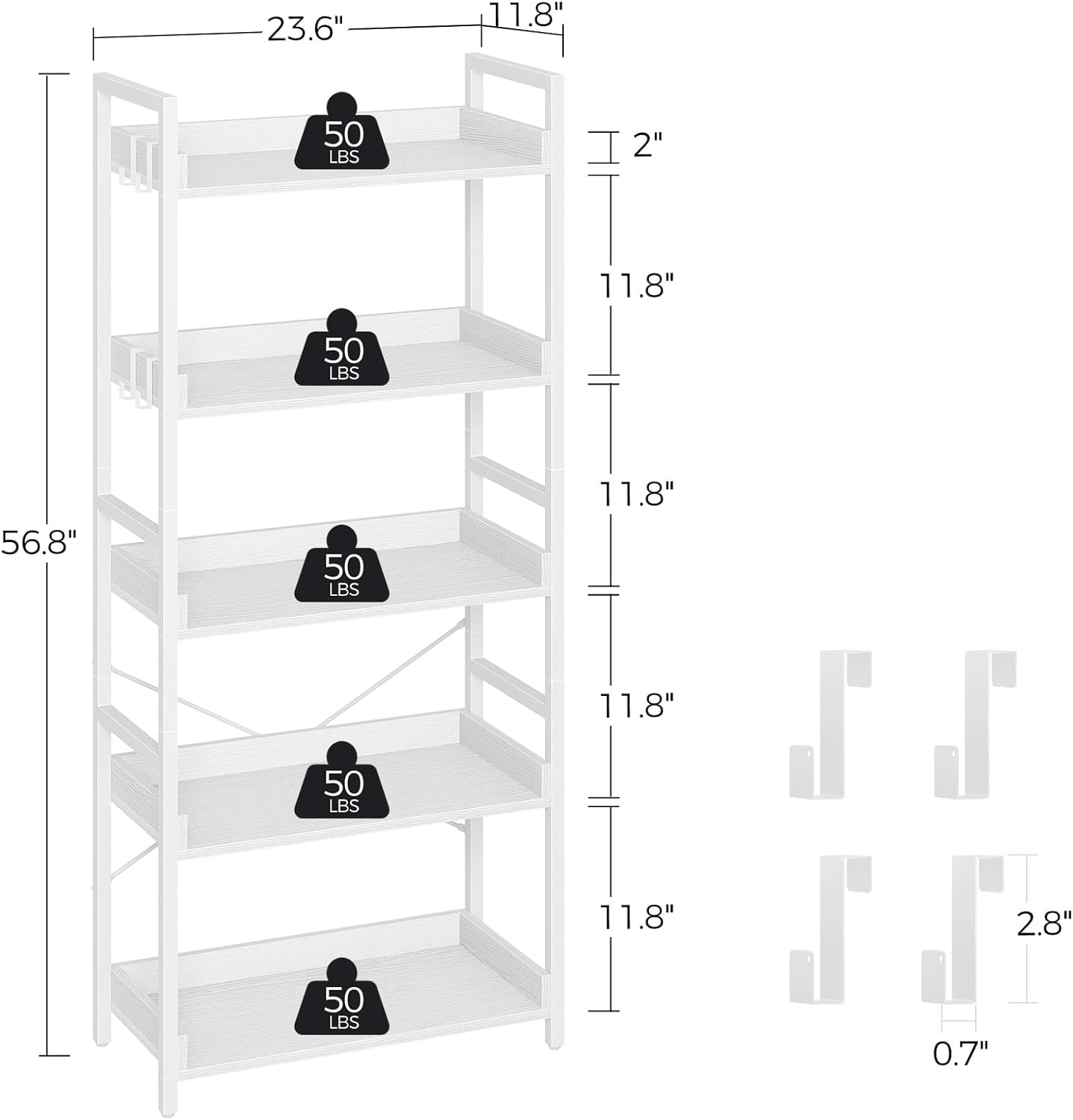 Rolanstar Bookshelf 5 Tier with 4 Hooks, Industrial Bookcase, Vintage Storage Rack with Open Shelves, Rustic Standing Bookshelves Metal Frame Display Rack for Living Room, Bedroom, White