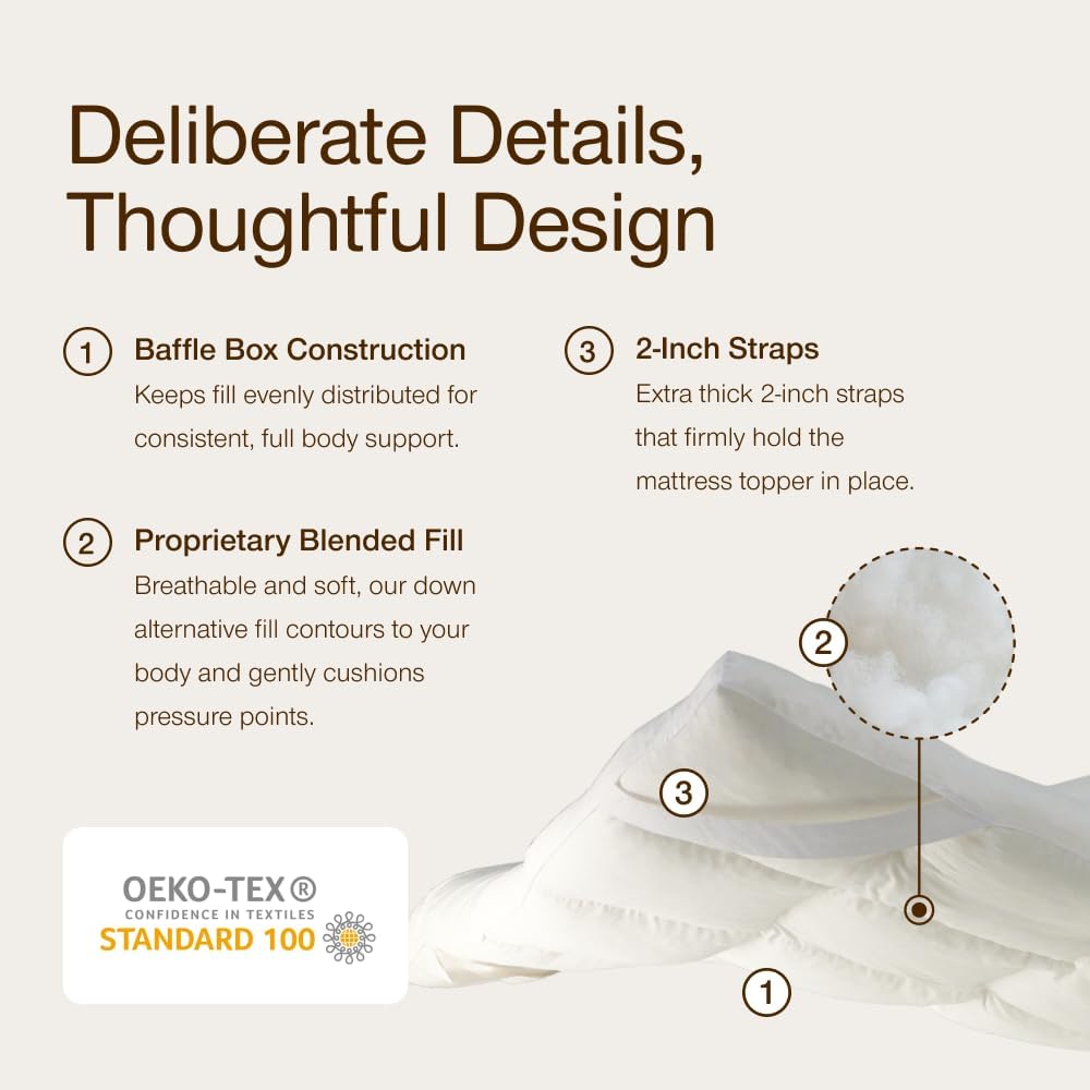 Coop Home Goods Essence Down Alternative Mattress Topper Full, Plush 2-Inch Gusset and Baffle Box Design for Even Support and Comfort, Premium Bed Topper for Pressure Relief, Oeko-TEX Certified