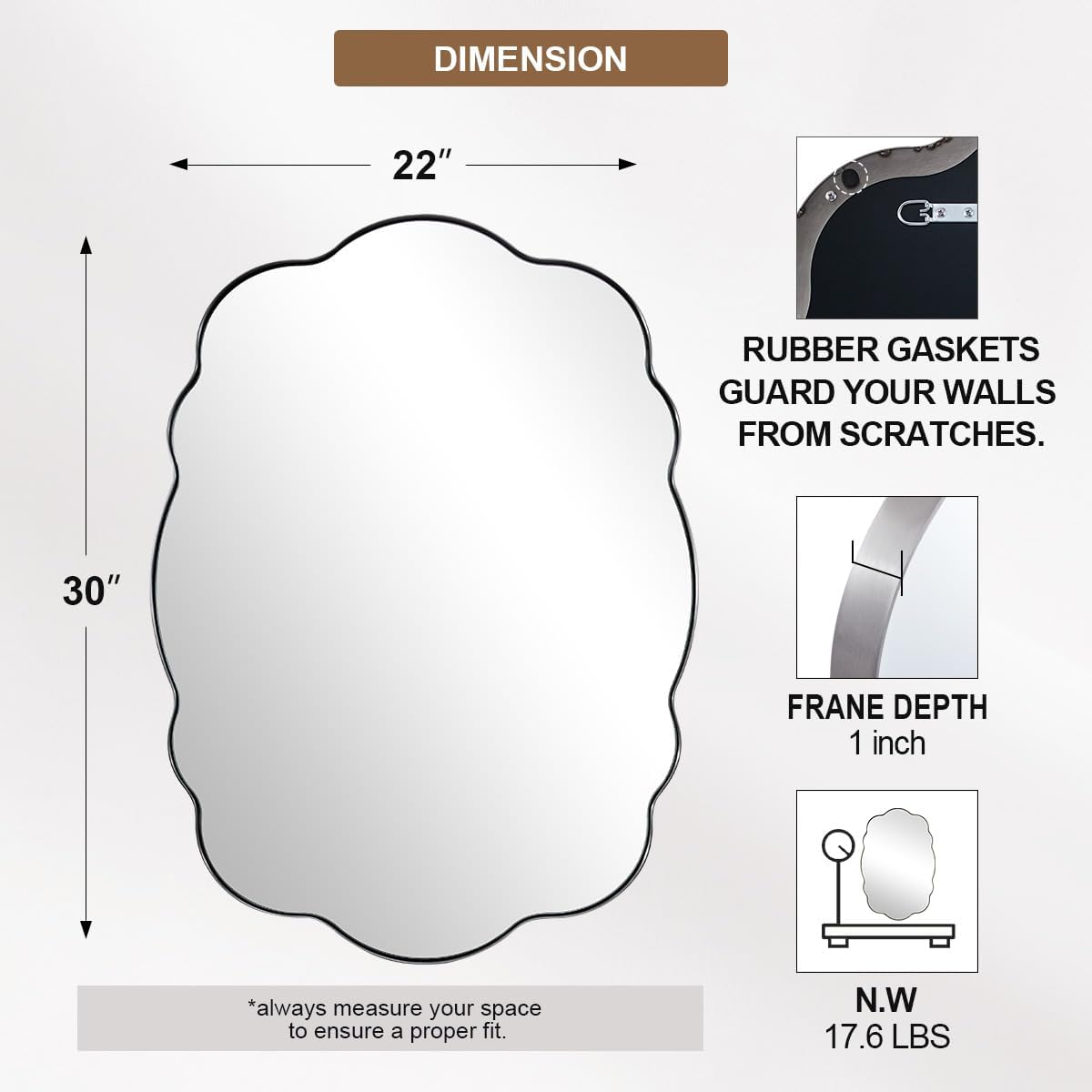 ANDY STAR Brushed Nickel Mirror Scalloped Edge - Modern Bathroom Wall Mirror 22x30 Inch, Corrosion Resistant, Easy Clean SUS Frame