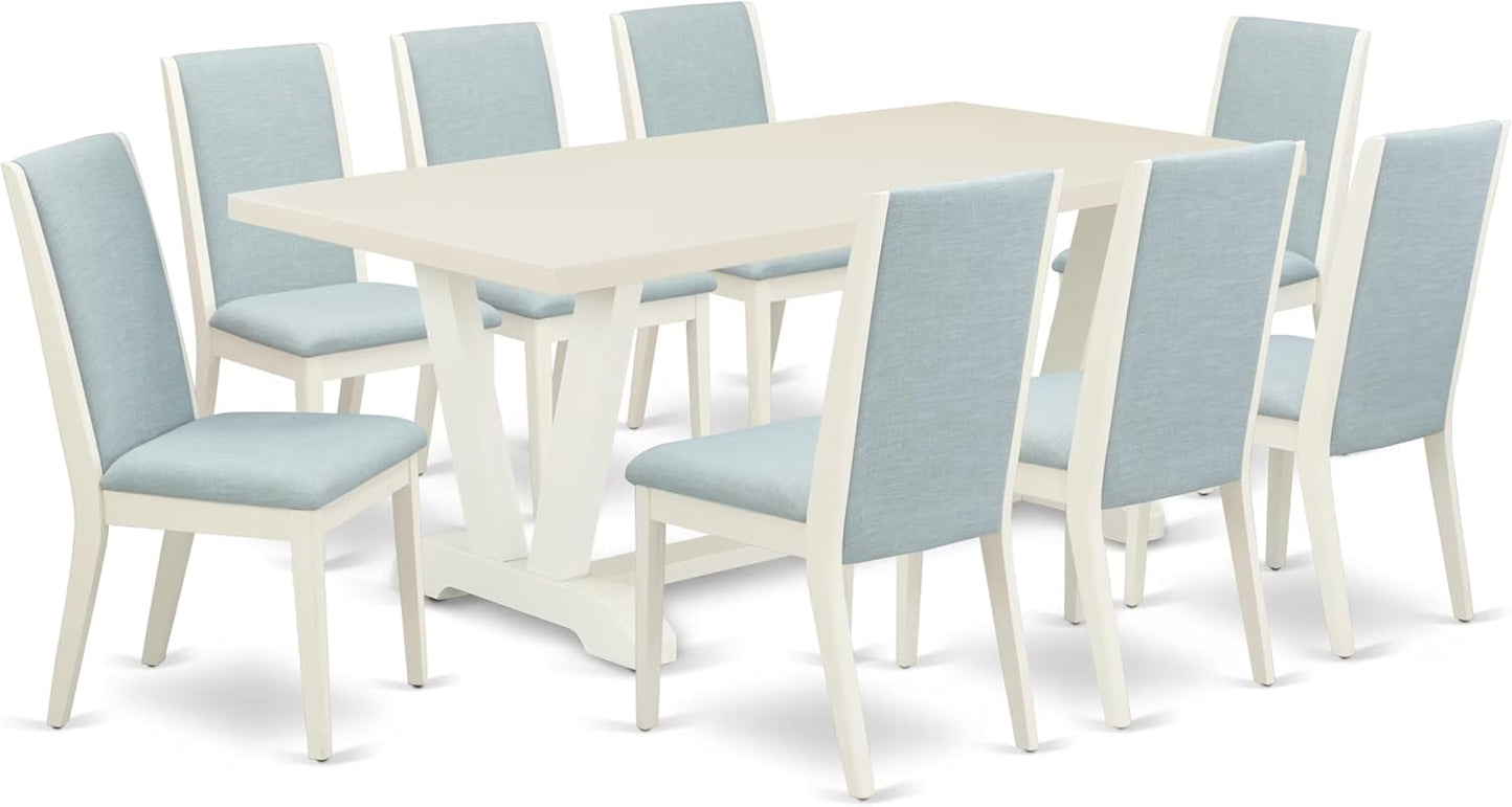 East West Furniture V027LA015-9 9 Piece Dining Set Includes a Rectangle Dining Room Table with V-Legs and 8 Baby Blue Linen Fabric Upholstered Parson Chairs, 40x72 Inch, Multi-Color