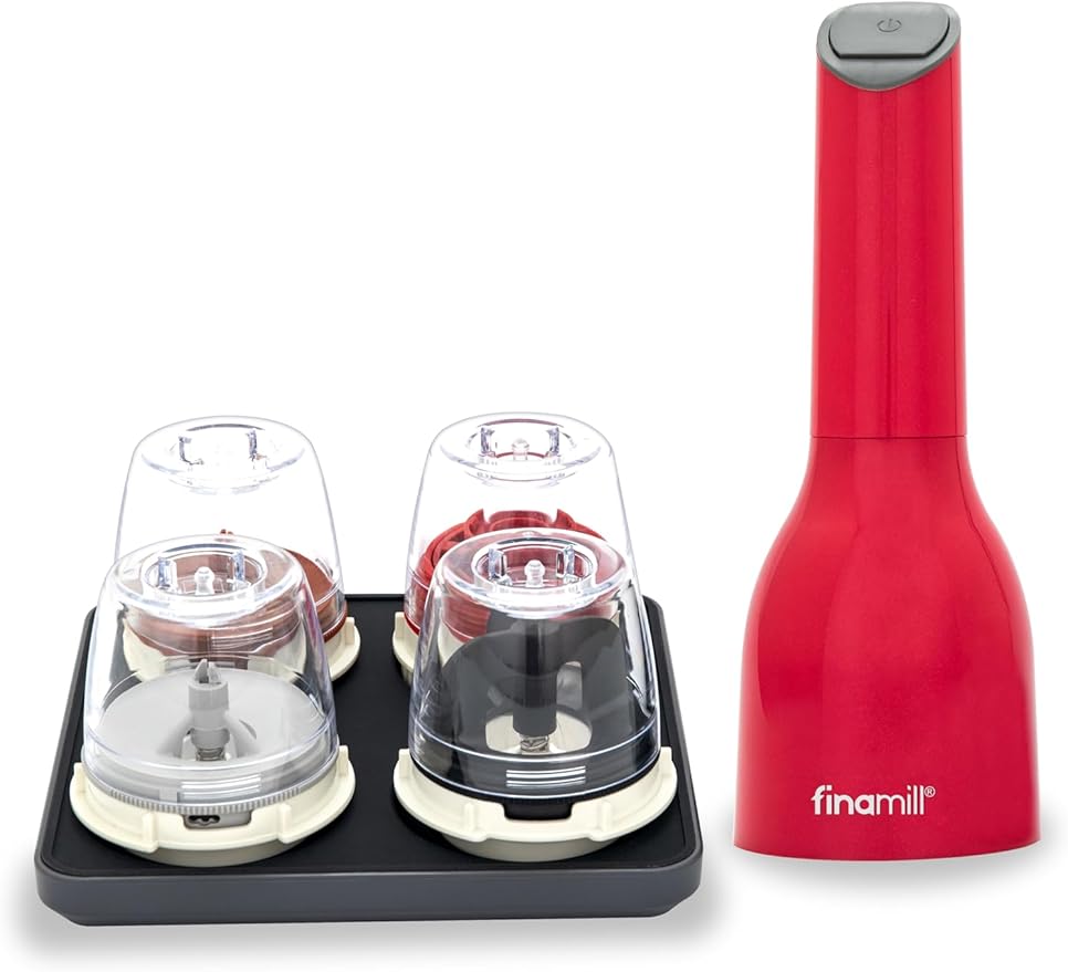 FinaMill Ultimate Gift Set – Battery Operated Spice Mill with 4 Interchangeable Spice Pods & Slate Quartet Stackable Tray, Adjustable Coarseness, Ceramic Grinder, LED Light, Kitchen Gifts for Women