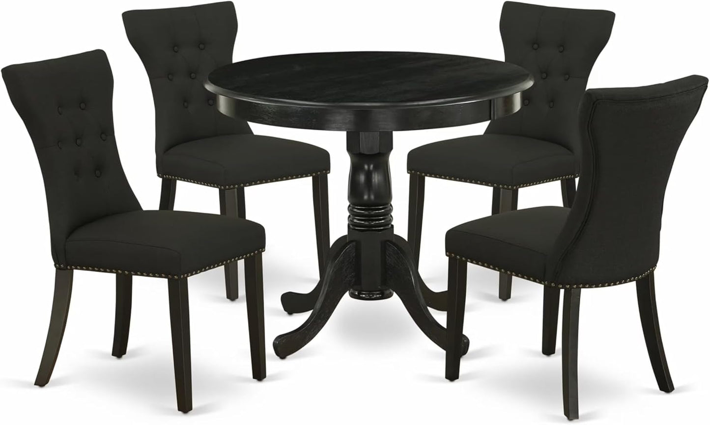 East West Furniture ANGA5-ABK-24 5 Piece Dining Table Set for 4 Includes a Round Kitchen Table with Pedestal and 4 Black Linen Fabric Parsons Dining Chairs, 36x36 Inch, Wirebrushed Black
