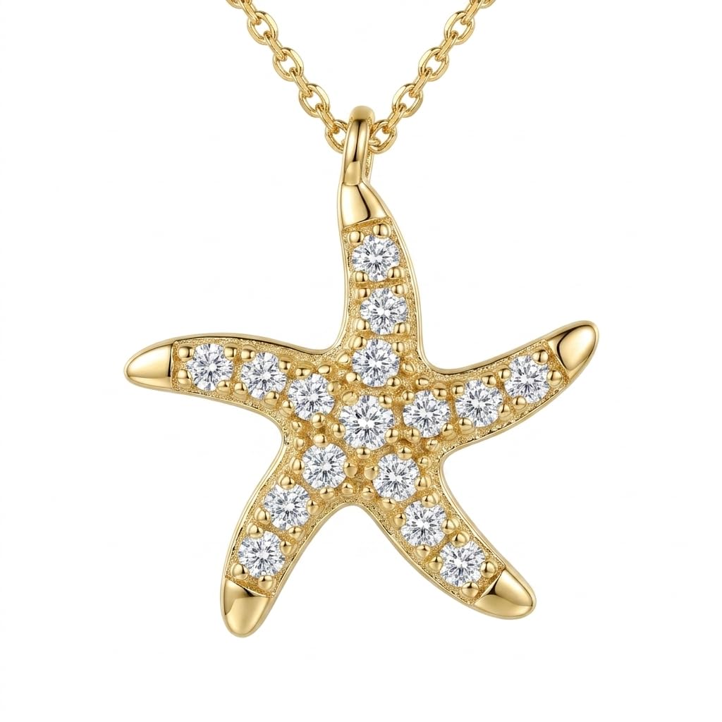 S925 Sterling Silver Starfish Necklace with Fresh Water Pearl, Sparkling Pave Zirconia Sea Star Pendant, Dainty 14K Gold Plated Asymmetric Choker, Ocean Beach Inspired Jewelry Gift for Women (sliver)