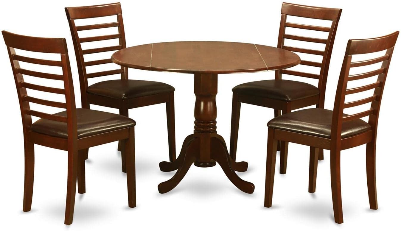 East West Furniture DLML5-MAH-LC 5 Piece Modern Dining Table Set Includes a Round Wooden Table with Dropleaf and 4 Faux Leather Upholstered Dining Chairs, 42x42 Inch, Mahogany