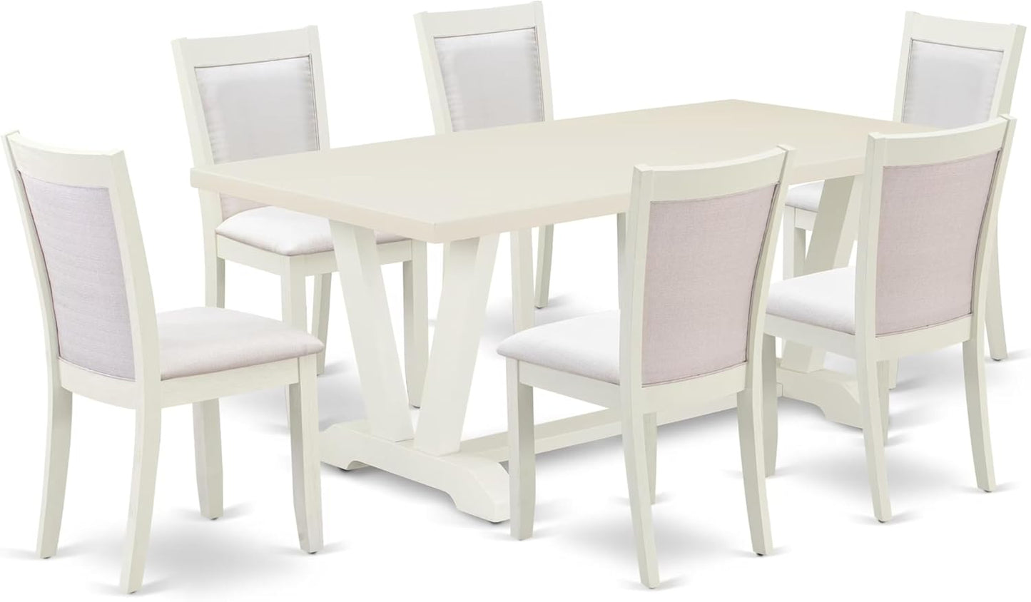 East West Furniture V027MZ001-7 7 Piece Dining Set Consist of a Rectangle Dining Room Table with V-Legs and 6 Cream Linen Fabric Upholstered Parson Chairs, 40x72 Inch, Multi-Color