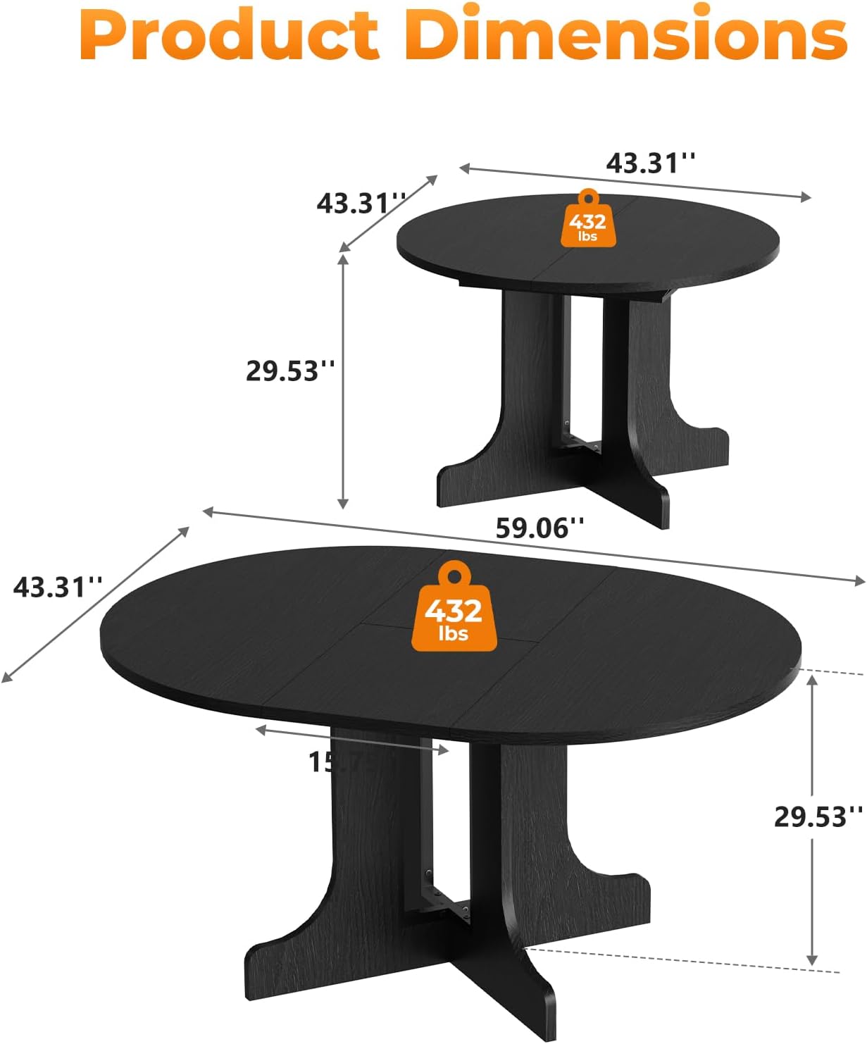 43"-59" Expandable Round Dining Table, Extendable Dining Room Table for 4-6, Oval Tabletop with Removable Leaf, Trestle X-Shaped Base & Metal Track for Dining Room, Living Room-Black