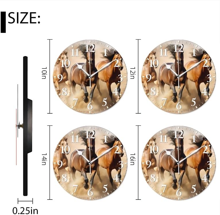 Horses Wall Clock Non-Ticking Silent Clocks Battery Operated Analog Decor Clock for Home-Horses Running Through The Desert Dust Flying(16inch)