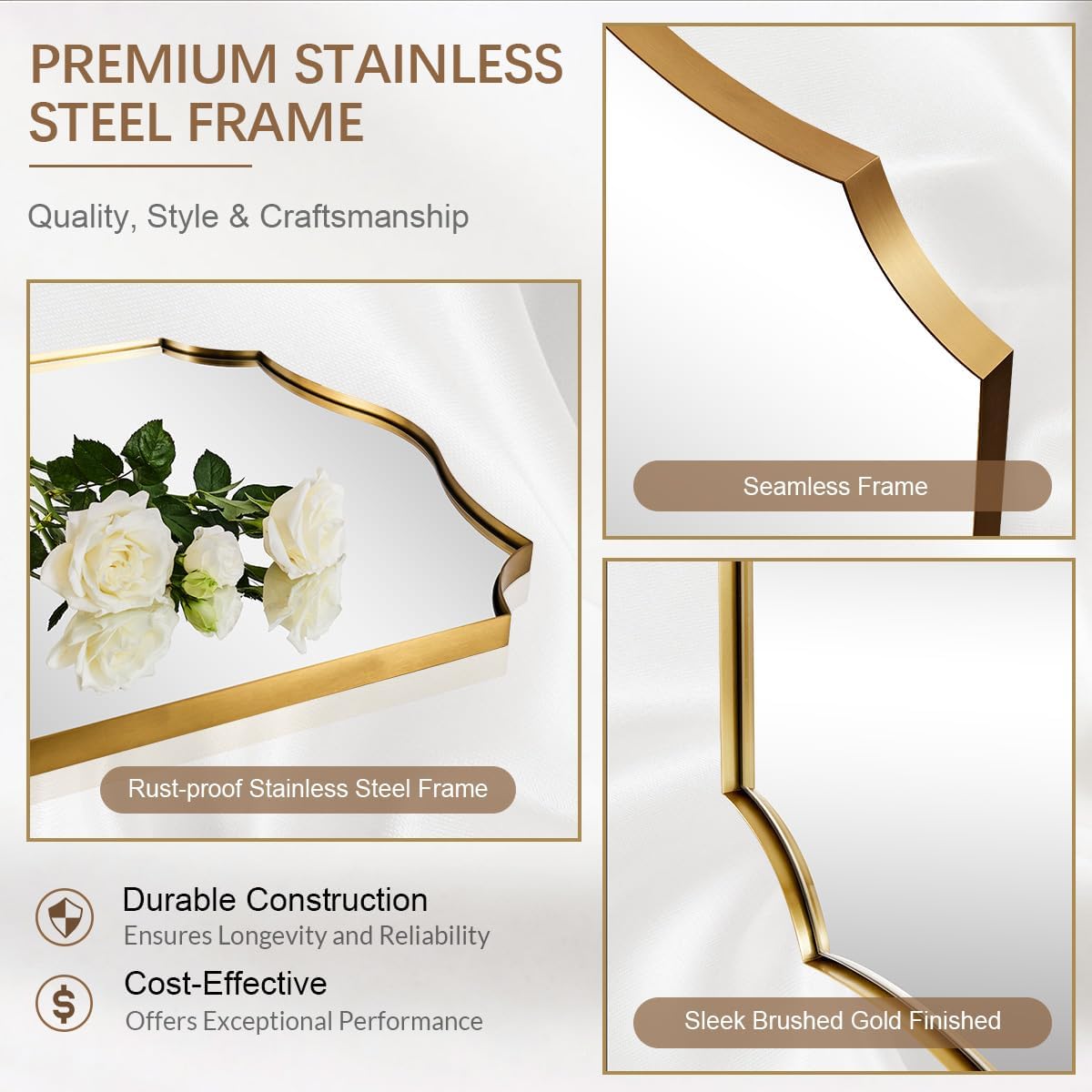ANDY STAR 30x48 Inch Gold Bathroom Mirror, Large Brushed Gold Rectangle Mirror, Antique Brass Mirror in Rust-Proof Stainless Steel 1" Frame, Unique Wavy Frame Design, Vertically/Horizontally
