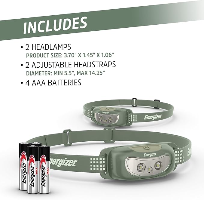 Energizer Universal+ LED Headlamp (2-Pack), IPX4 Water Resistant Headlamps, Bright Head Light for Outdoors, Camping, Running, Storm, Survival LED Light for Emergencies (Batteries Included)