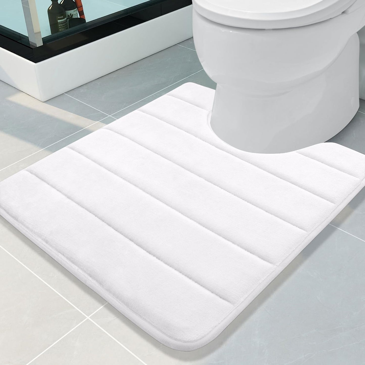 Buganda Memory Foam U-Shaped Contour Toilet Rugs, Non Slip Absorbent, Thick Soft Washable Bathroom Mat, Floor Carpet Bath Rugs Mat for Toilet Base (24" x 20", White)