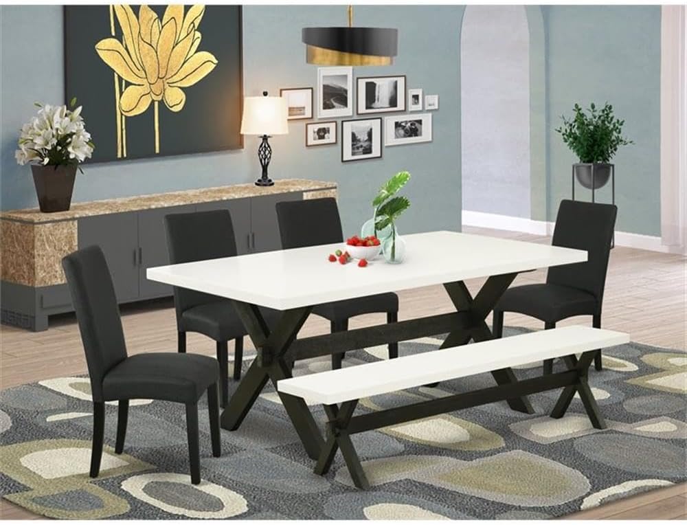 East West Furniture X627DR124-6 6 Piece Dining Table Set Contains a Rectangle Wooden Table with X-Legs and 4 Black Color Linen Fabric Parson Chairs with a Bench, 40x72 Inch, Multi-Color
