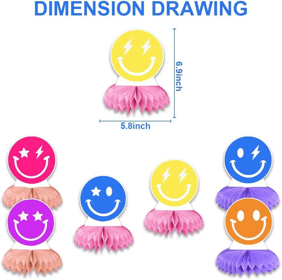 6Pcs Smiley Face Birthday Decorations Honeycomb Centerpieces Supplies Pastel Smiley Face Centerpieces Party Favors Preppy Birthday Decorations