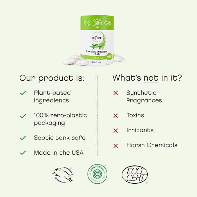 Eucalyptus Laundry Pods by AspenClean, New and Improved Packaging, Zero Plastic, EWG Verified™, Vegan, Non-Bio, Hypoallergenic Natural Laundry Detergent - 36 Count