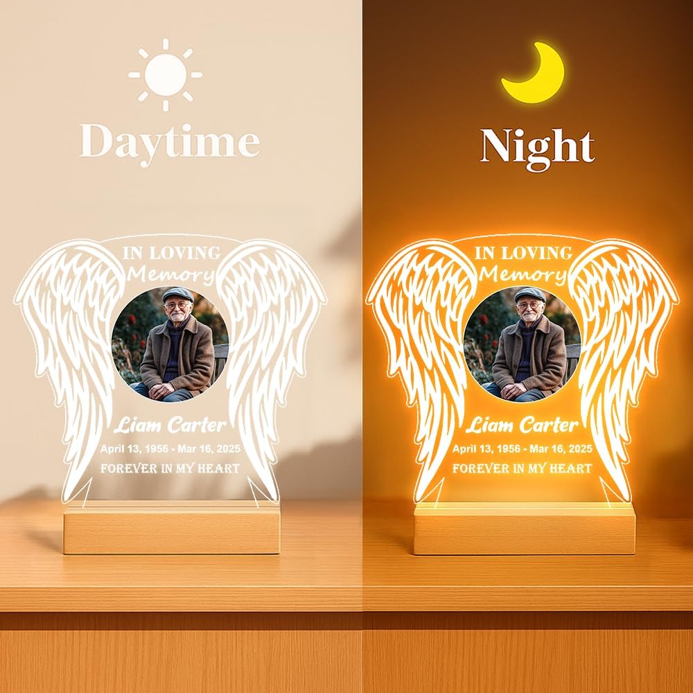 Personalized Memorial Picture Frame Night Light Lamp, Sympathy Gift for Loss of Loved One, in Memory of Dad, Mom, Husband, Sister, Friend, Funeral Mourning Ideas