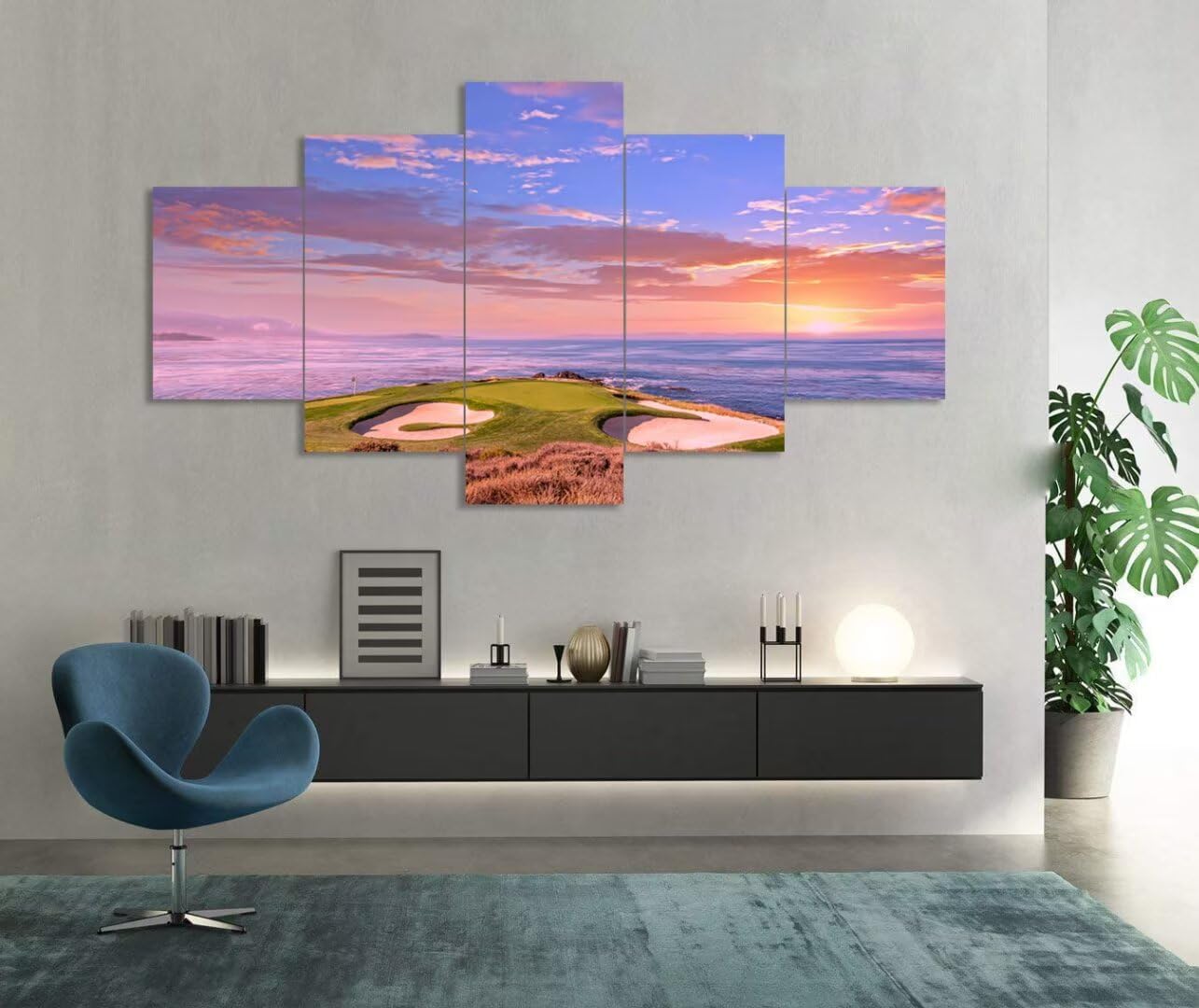 chenchenArt Pebble Beach Golf Course Hole 7 Wall Art for Living Room Bedroom Bathroom Home Decorations Monterey California USA Golf Course Pictures Canvas Prints Framed Ready to Hang(60''W x 32''H)