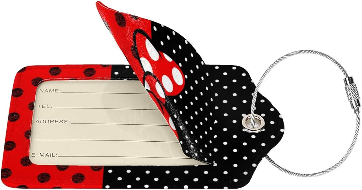 2 Pack Luggage Tags for Suitcase,Mouse Red Bow PU Leather Travel Luggage Tag with Privacy Flap, Name ID Label and Metal Loop for Women Men Suitcase Baggage Bag Backpack