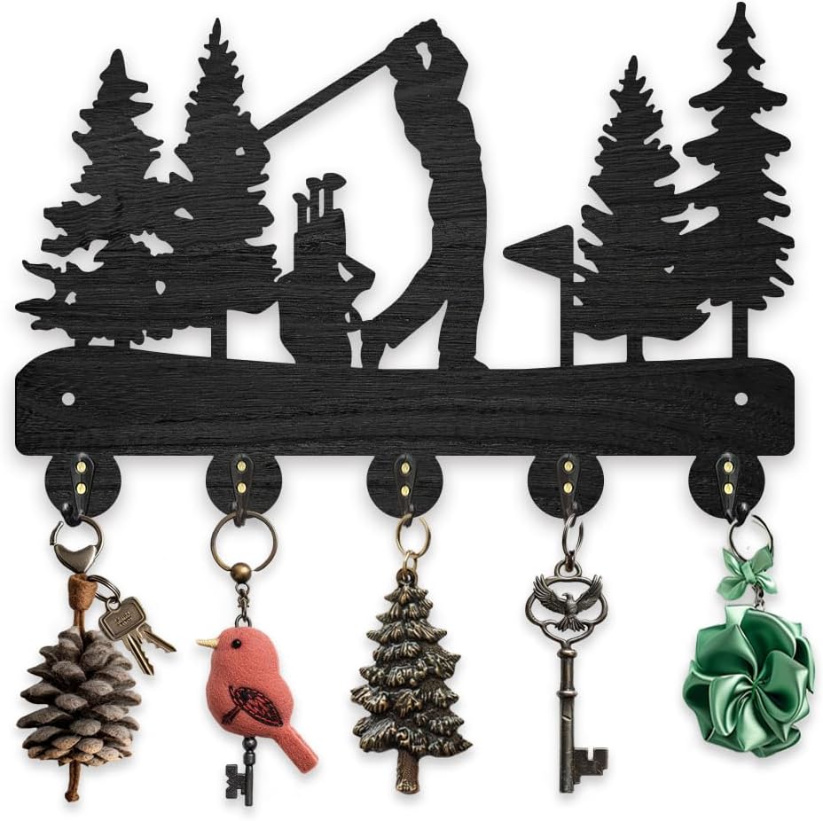 MAYJOYDIY Golf Coat Racks Wall Mounted Wood Golf Clubs Tree Key Hangers for Wall 11.8×7.9inch Black Key Holder 5 Alloy Hooks Home Decor Gifts Entryway Kitchen Bathroom Storage Organizer