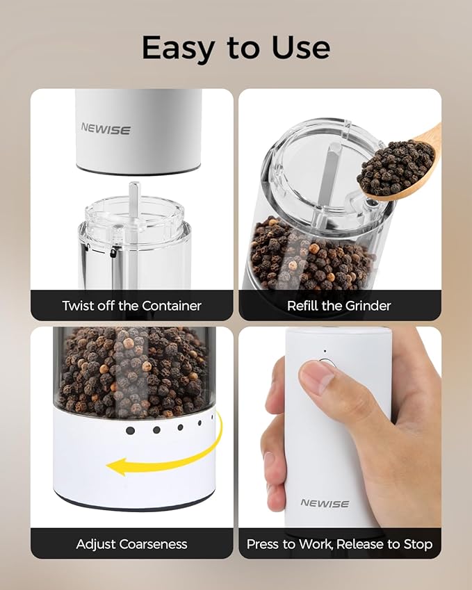 Electric Salt and Pepper Grinder Rechargeable with Light, Electric Salt and Pepper Shakers, Automatic & Adjustable Coarseness, Kitchen Gadgets, White