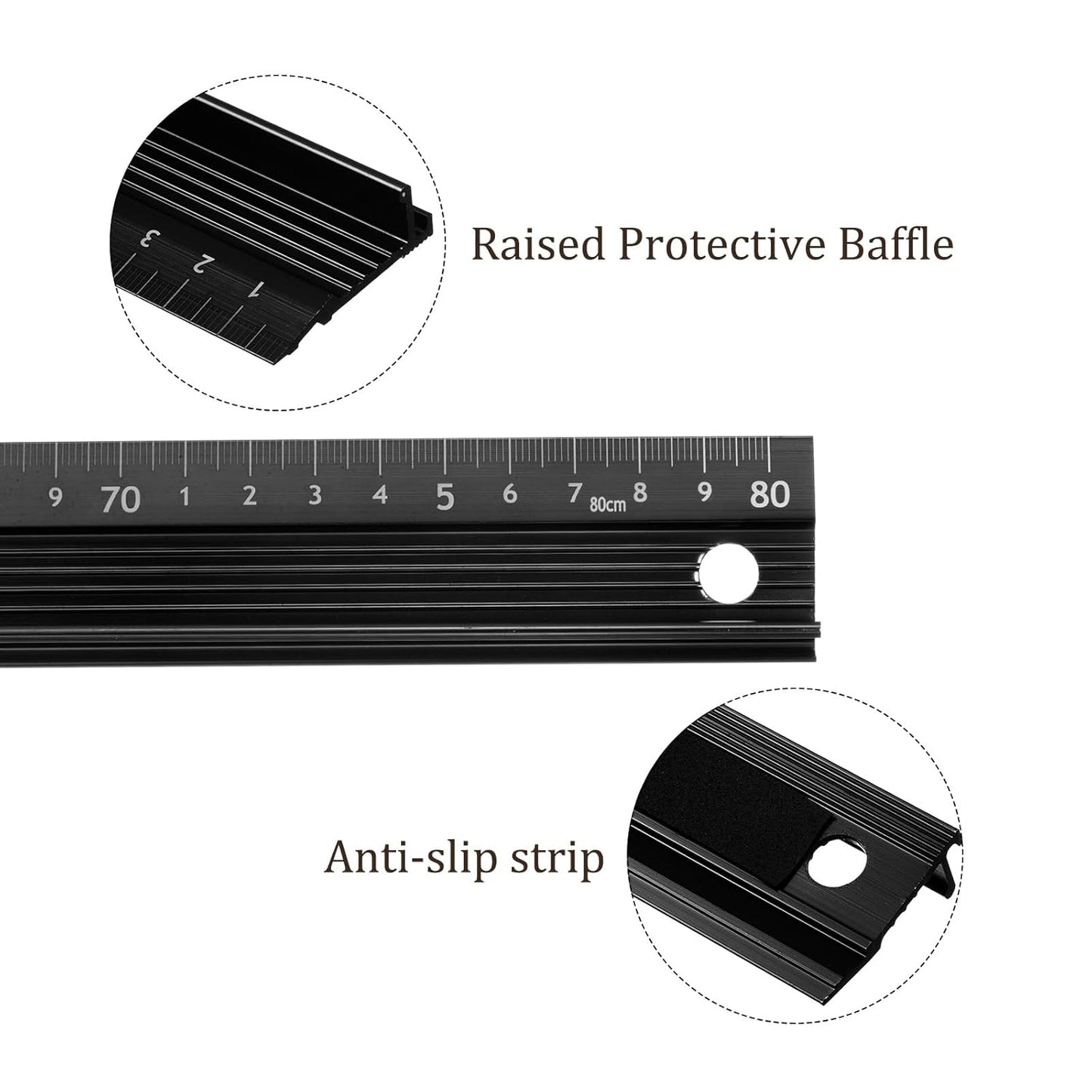 2pcs Raised Grip Metal Ruler - [80cm] Aluminum Alloy Precise Measurement Cutting Straight Protective Ruler Ruler Black for Office Measure Cut Drawing Use, 1mm Precision
