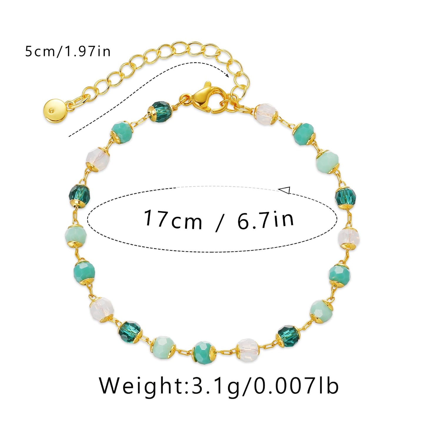 LSxAB Dainty Green Bracelet for Women Adjustable 18K Teal Gold Plated Simple Curb Figaro Chain Statement Mom Wife Birthday Anniversary