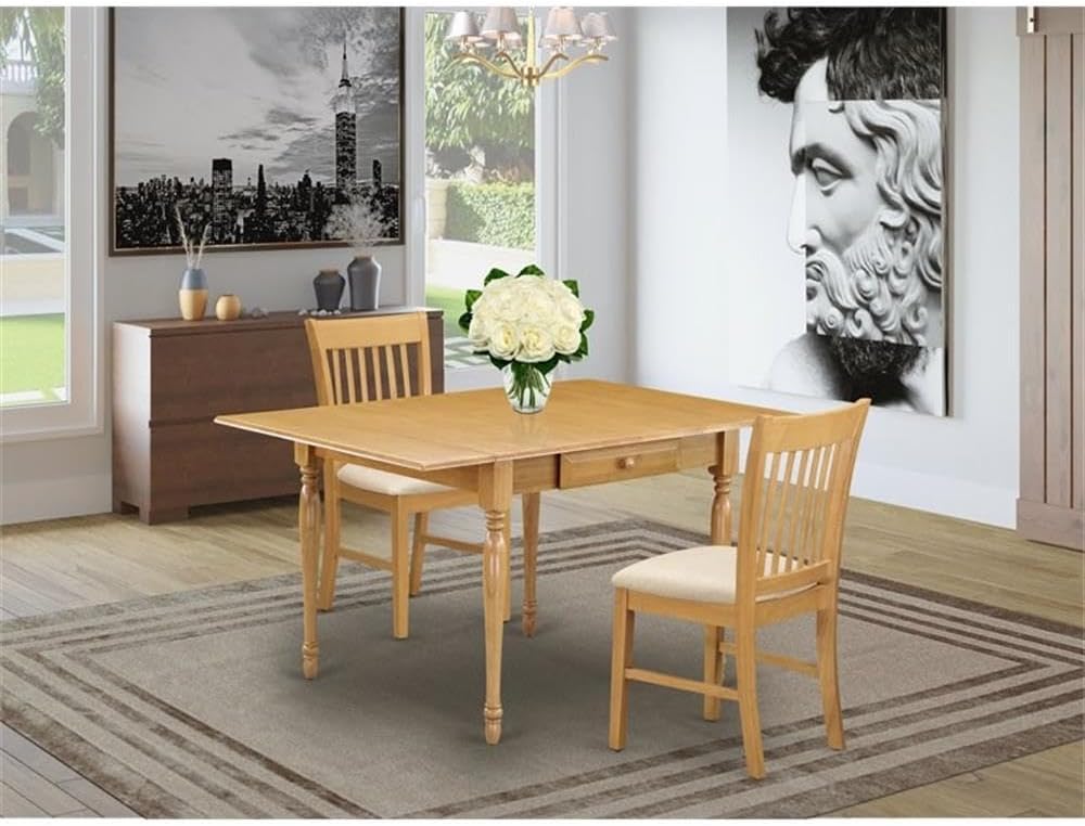 East West Furniture MZNO3-OAK-C 3 Piece Dining Table Set for Small Spaces Contains a Rectangle Dining Room Table with Dropleaf and 2 Linen Fabric Upholstered Chairs, 36x54 Inch, Oak