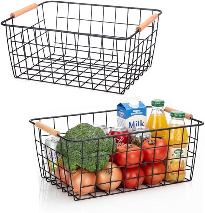 Metal Wire Food Storage Basket Organizer with Wooden Handles for Organizing pantry organizers and storage Kitchen Cabinets, 2 Packs-Black