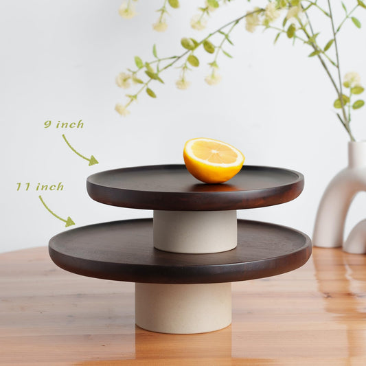 CEEFU 11 inch Rustic Acacia Wood Cake Stand - Natural Wooden Clay Wedding Cake Pedestal Serving Stand for Cupcake Dessert Bites Display in Party, Birthday, Beautiful Farmhouse Kitchen Decor