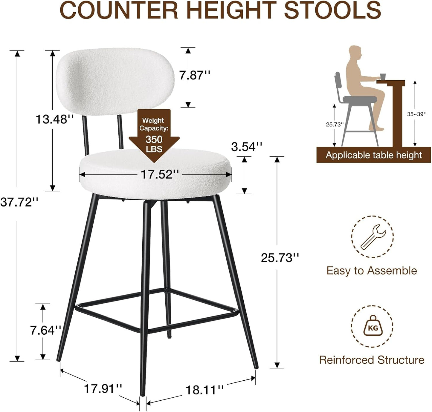 HOMMPA Counter Height Swivel Bar Stools Set of 4 Boucle Barstools 26'' Upholstered Modern Counter Barstools with Back Metal Legs Bar Stools Chairs for Kitchen Counter Island White