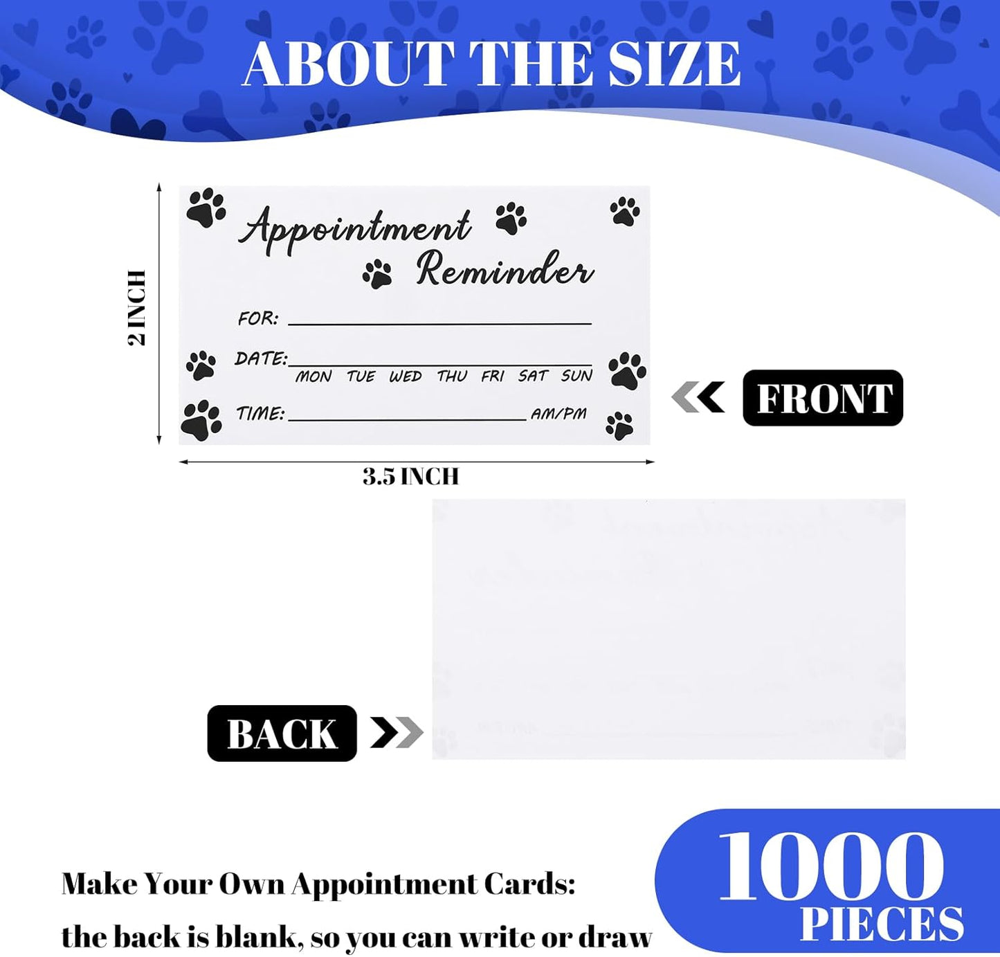 Seajan 1000 Pcs Pet Grooming Appointment Cards Bulk Paw Prints Appointment Reminder Cards for Dog Grooming, Pet Care, Client Business, Hair Salon, Dental Office, Massage Therapist and More, White
