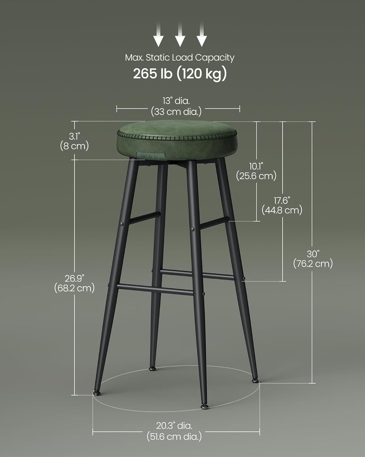 VASAGLE EKHO Collection - Bar Stools Set of 2, Bar Height Bar Stools, Kitchen Counter Stools, Mid-Century Modern Backless Counter Stools, 30-Inch Tall, Kitchen Island Home Bar, Forest Green