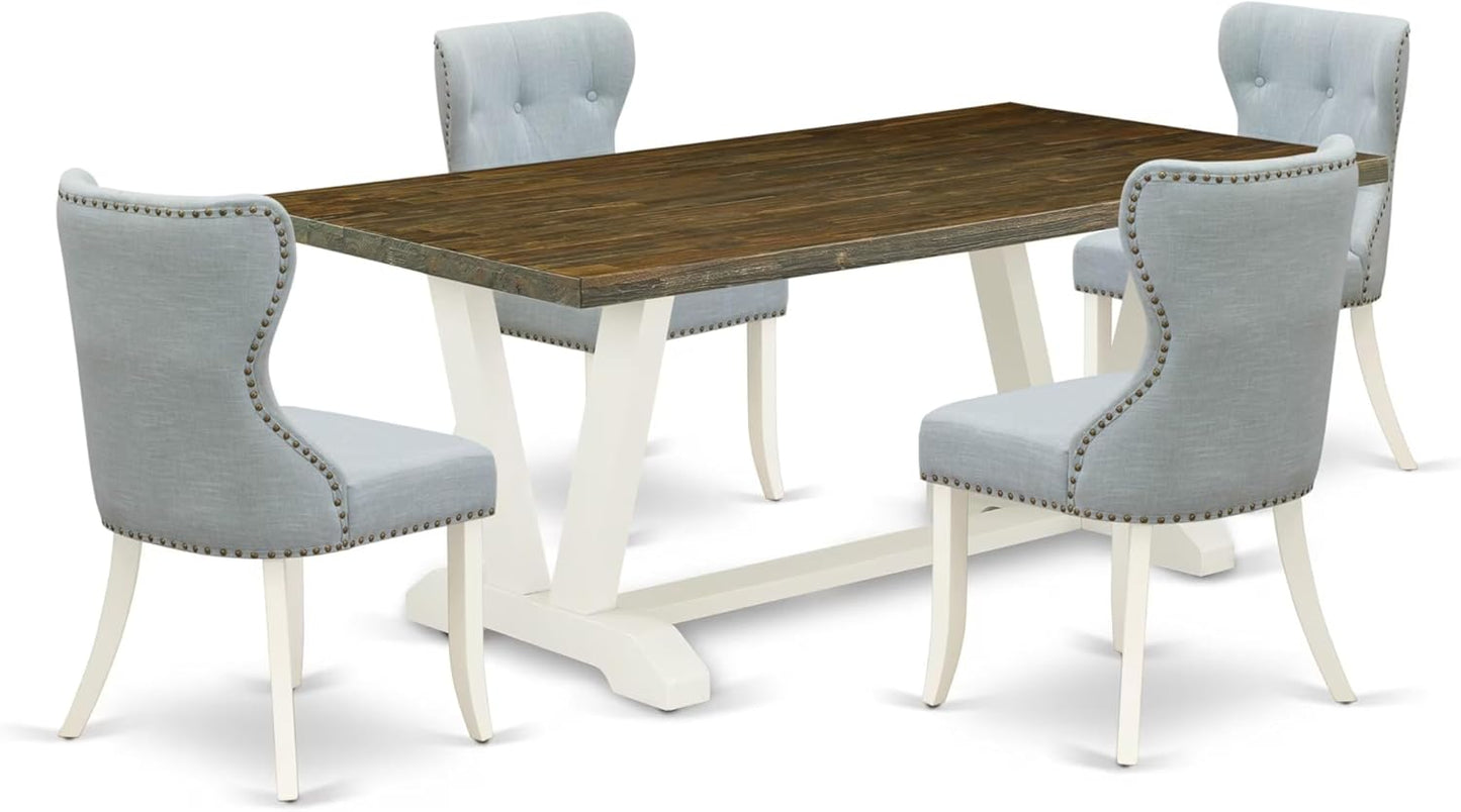 East West Furniture V077SI215-5 5 Piece Dining Set Includes a Rectangle Dining Room Table with V-Legs and 4 Baby Blue Linen Fabric Upholstered Parson Chairs, 40x72 Inch, Multi-Color