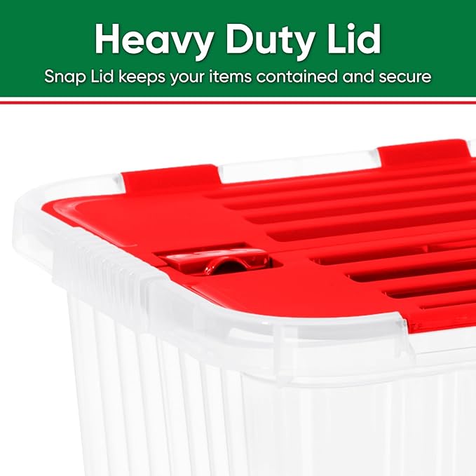 Superio Christmas Storage Box with Red Hinged Lids, Plastic Container Bins for Organizing with Attached Lid, Stackable Crates, BPA Free, Organizers for Home and Office, 35 Quart (20.25"x14"x10.5")