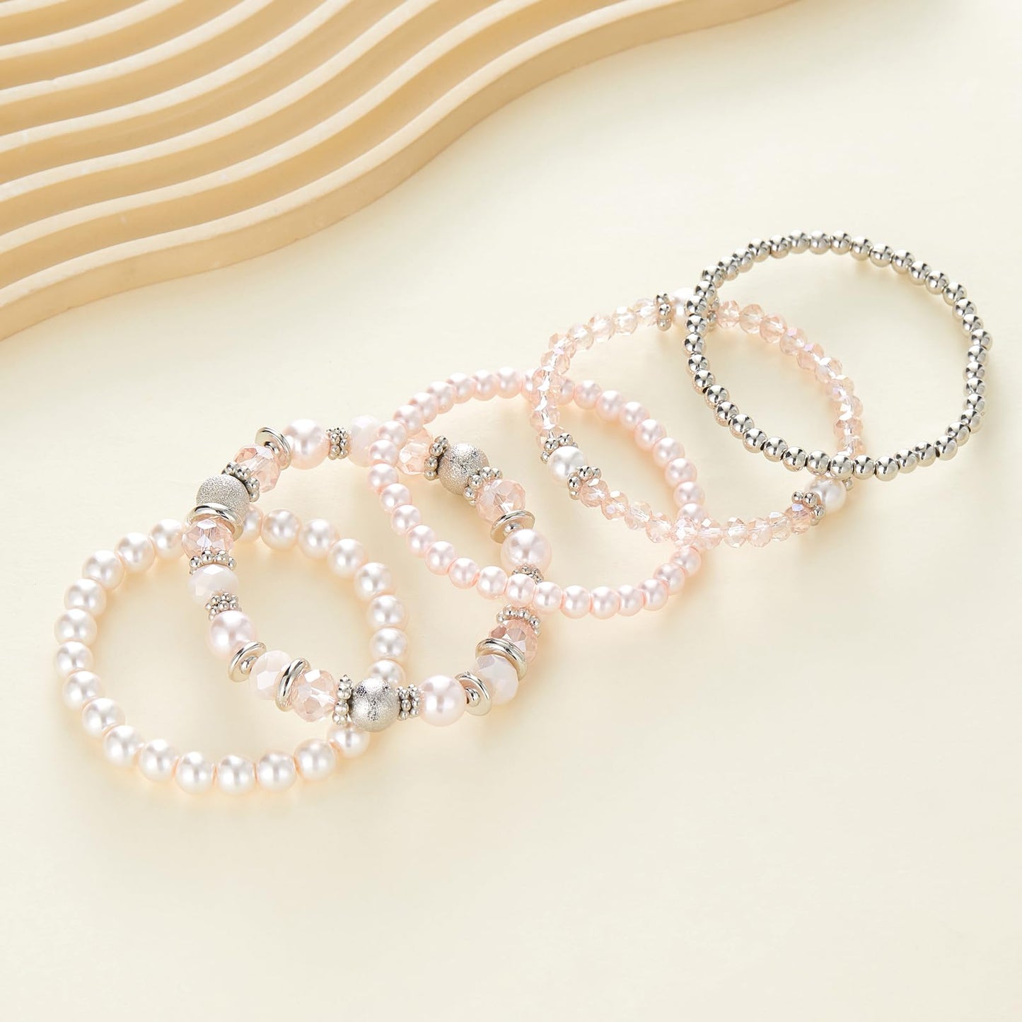 Noessla Beaded Pearl Stretch Bracelet Silver Stackable Crystal Beads Bracelets Trendy Costume Jewelry Mothers Day Gifts for Women(Pink)
