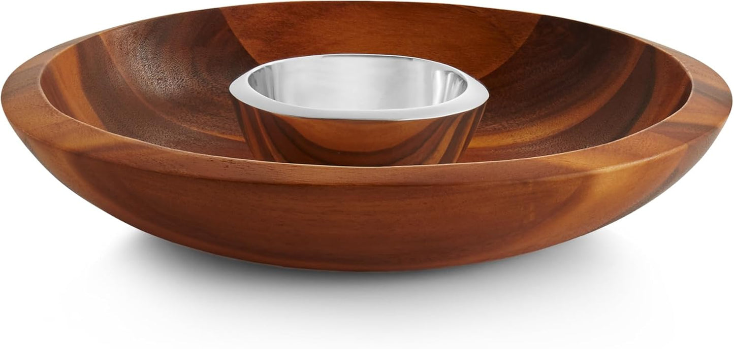 nambe Eclipse Chip & Dip Set | Made of Acacia Wood | Inner Bowl Made of Metal Alloy | Chill or Heat to Serve Dip | Measures 16-Inches | Designed by Steve Cozzolino