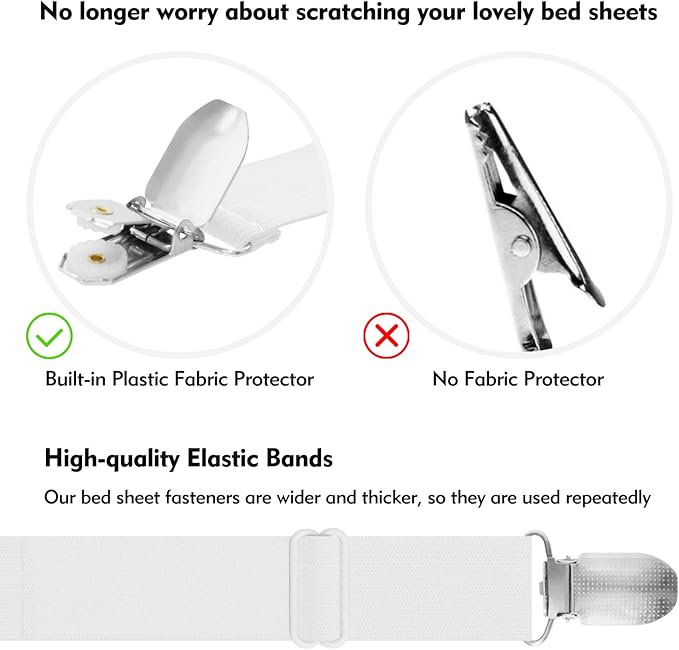 Bed Sheet Holder Straps, 4+2 Pcs Adjustable Mattress Sheet Clips, Bed Sheet Fasteners Elastic Sheet Suspenders to Keep Bed Sheet in Place for Different Beds (White)