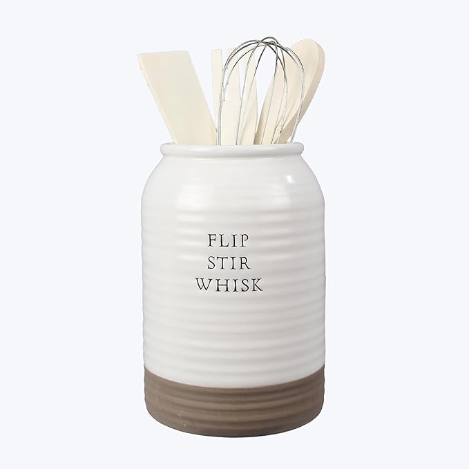 Young's Inc Ceramic Utensil Kitchen Caddy w/ 4 Utensils - Flip Whisk, Stir - Farmhouse Country Decor