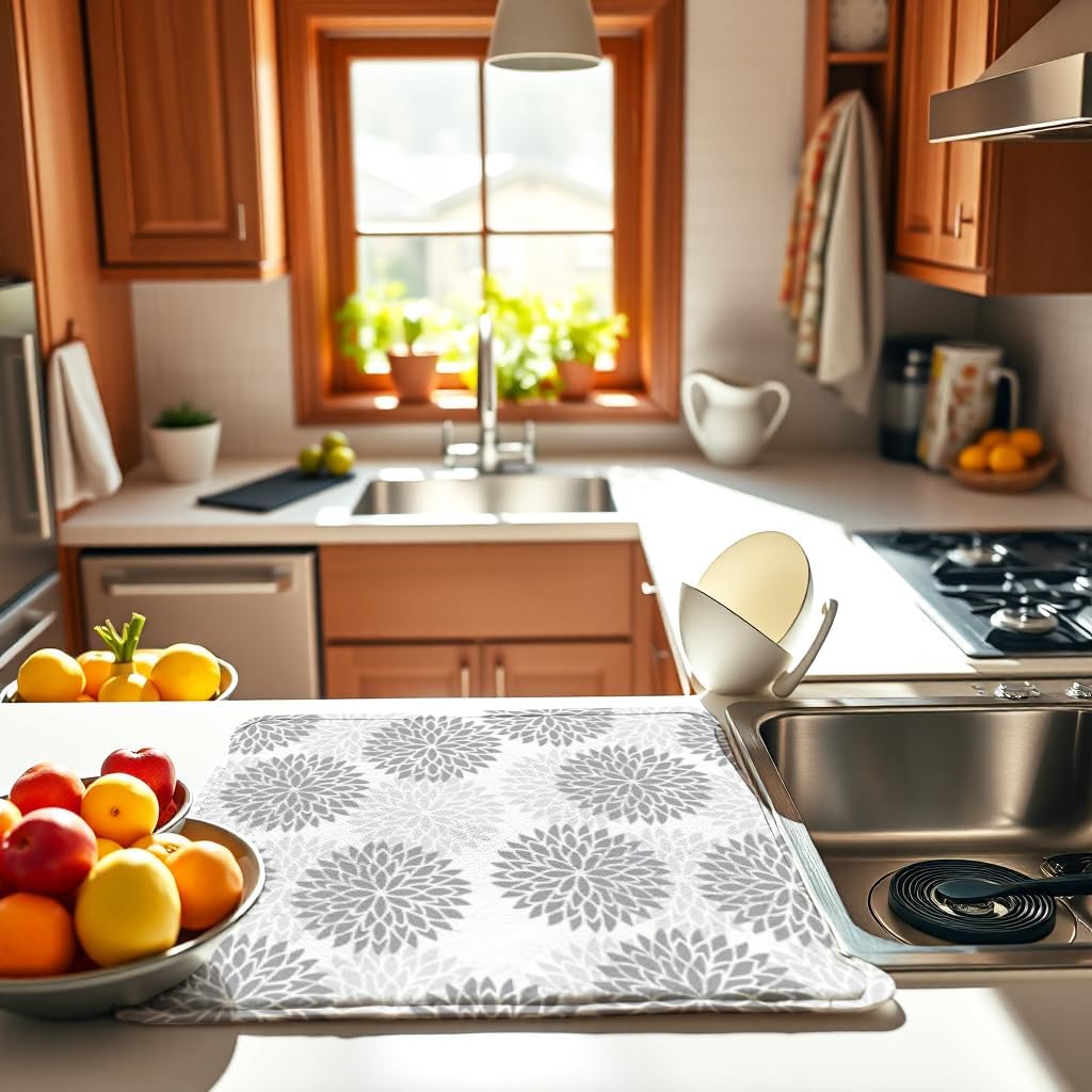 Boho Floral Spring Small Dish Drying Mat for Kitchen Counter 16''x18''Microfiber Absorbent - Foldable, Quick-Dry, Non-Slip, Compact Kitchen Drying Pad for Dishes, Countertops, and Cookware