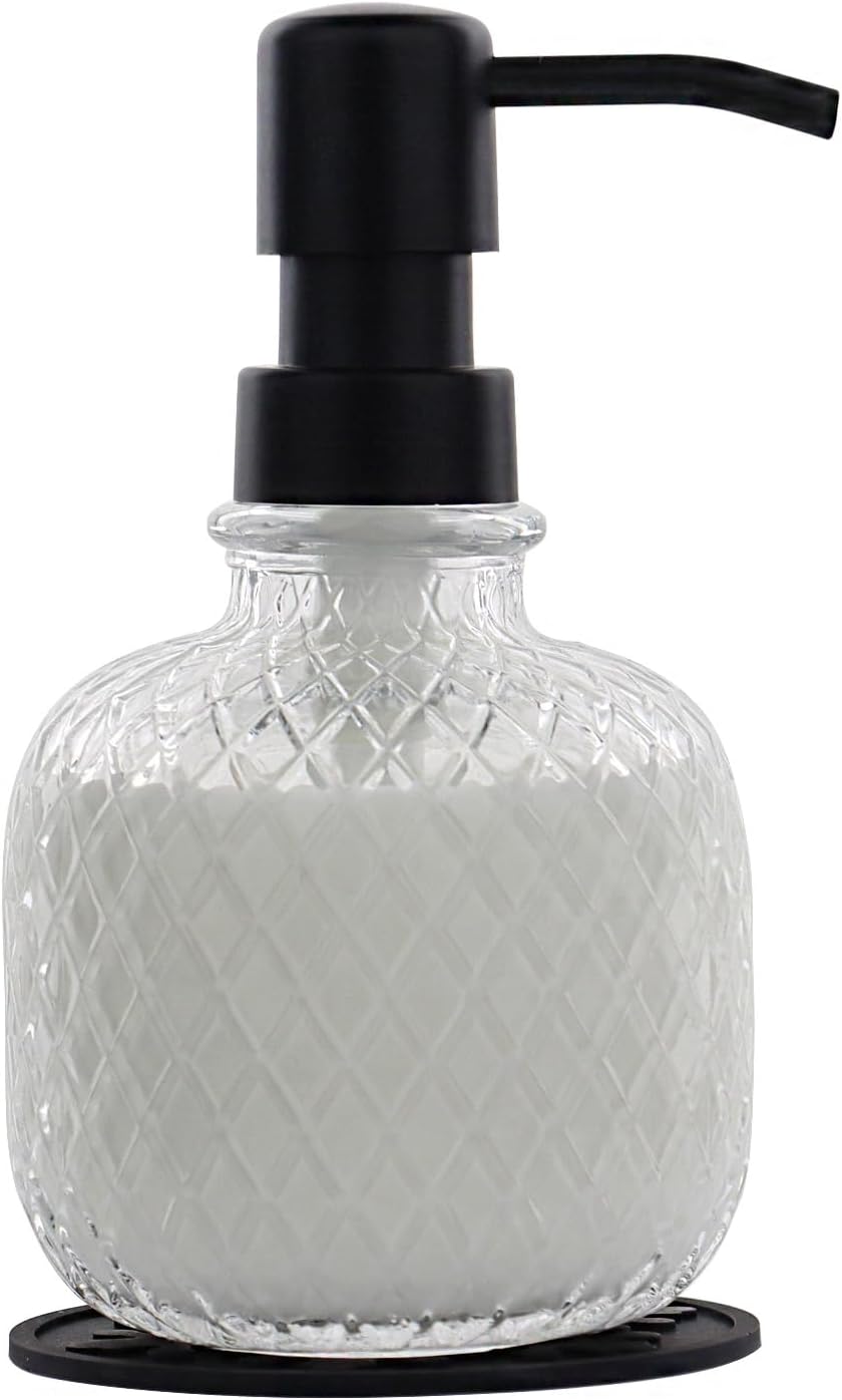 Soap Dispensers with Silicone Mat, for Kitchen and Bathroom Contertop Wash Hand Liquid, Dish Detergent, Farmhouse Style Shampoo Lotion Pump (1, Clear Glass with Black, 3-1/2" x 3-1/2" x 6-1/4")