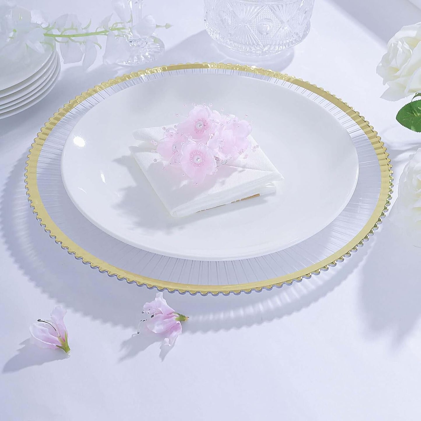Efavormart 6 Pack | 13" Round Starburst Pattern Clear Plastic Charger Plates with Gold Wavy Rim