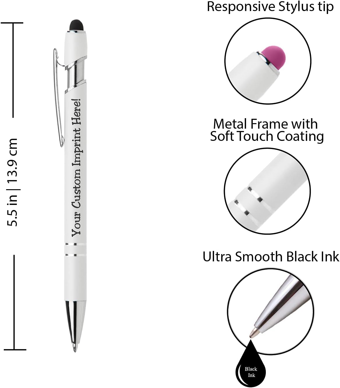 ExpressDesigns™ - Premium Custom Pens with Stylus | Beautiful White | Personalized Soft-Touch Metal Printed Name Pens w/Black Ink - 12 pack (Red)