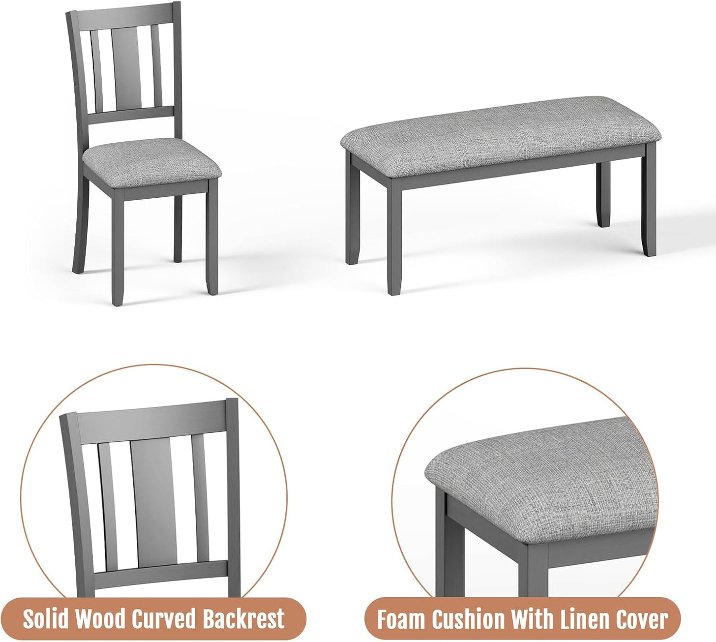 6-Piece Wooden Dining Table Set, Dining Table Set for 6, Including 1 Dining Table, 4 Upholstered Chairs and 1 Bench, Wooden Legs Dining Table, Table Set for Dining Room & Kitchen, Grey