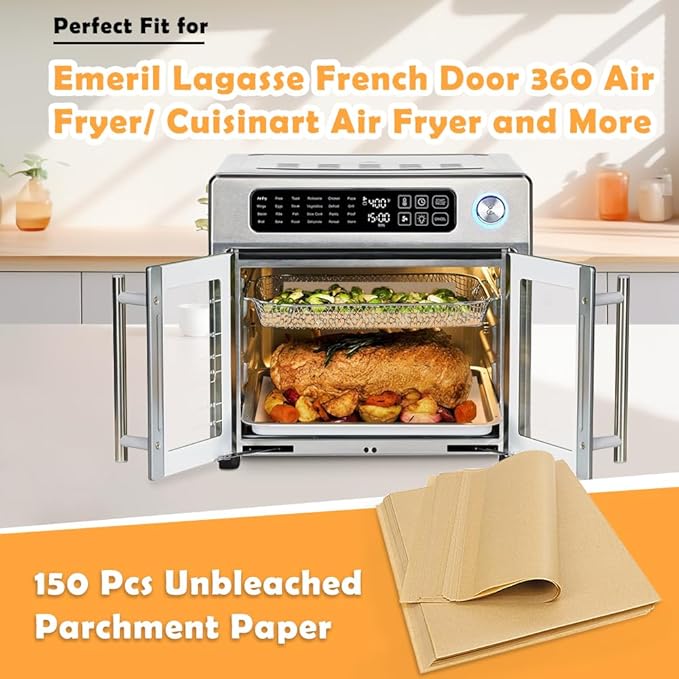 YQL 10x12 Inch 150PCS Disposable Air Fryer Liners, Unbleached Parchment Paper for Emeril Lagasse French Door 360 Air Fryer, Breville/Cuisinart/Hamilton Beach Toaster Oven Accessories