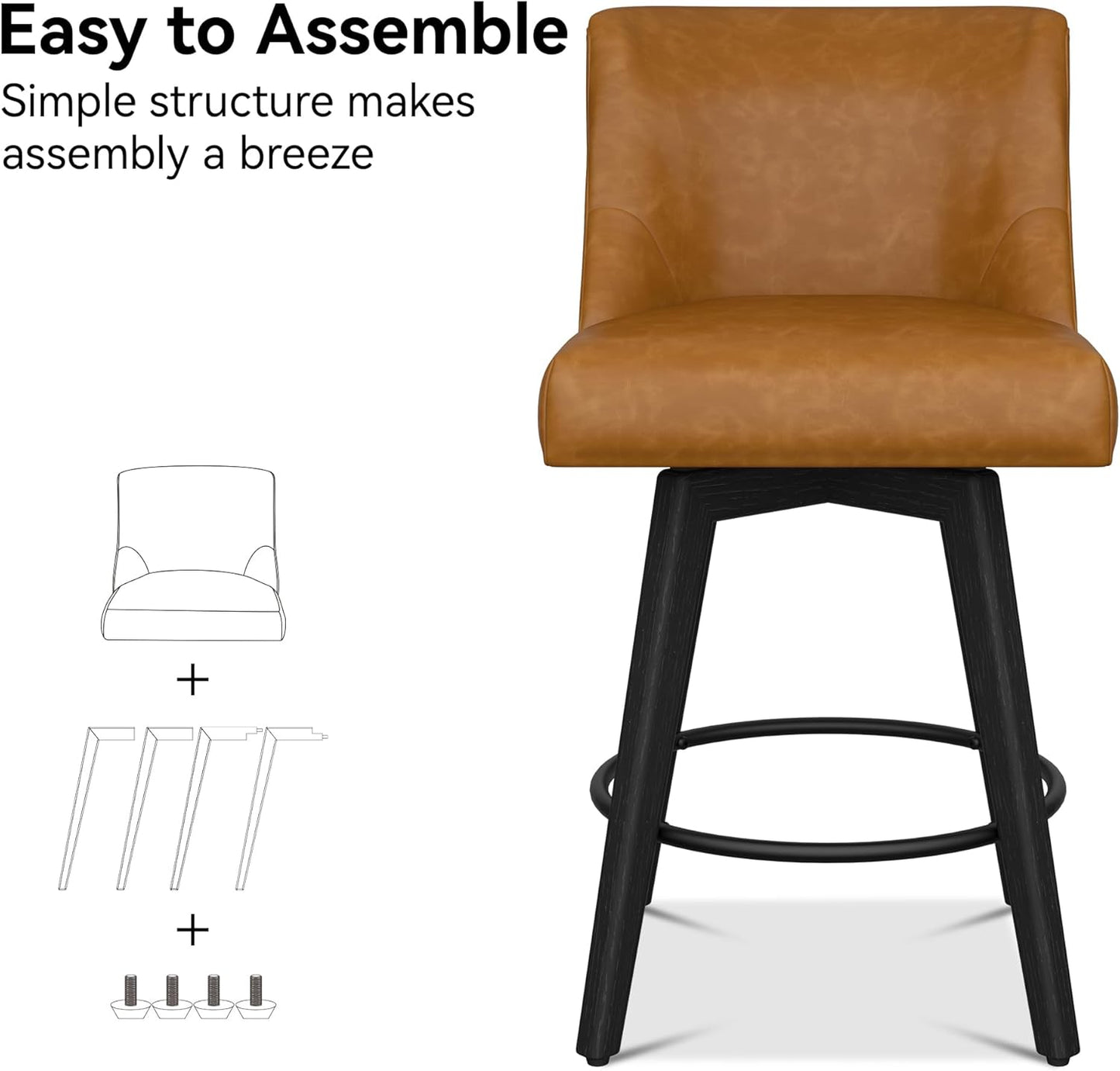 Counter Height Bar Stools Set of 2, Modern Swivel Barstools with Back and Wood Legs, Faux Leather Upholstered Counter Height Stools, 26" H Kitchen Island Stools, Home Bar, Whisky Brown