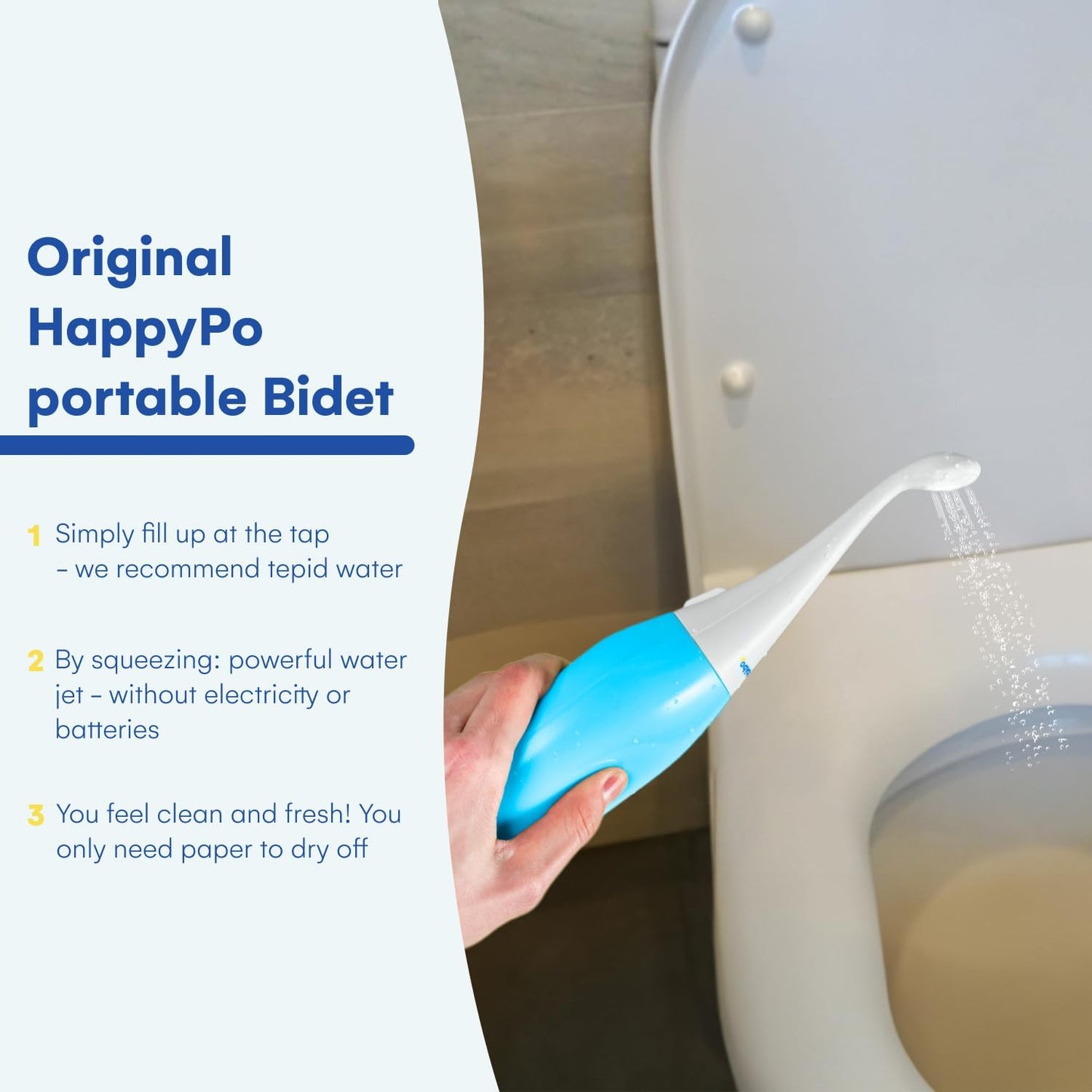 The Original HAPPYPO Butt Shower - Portable Bidet for Travel - Known from German Shark Tank - The Easy-Bidet 2.0 Replaces Wet Wipes (Color: Light Blue)